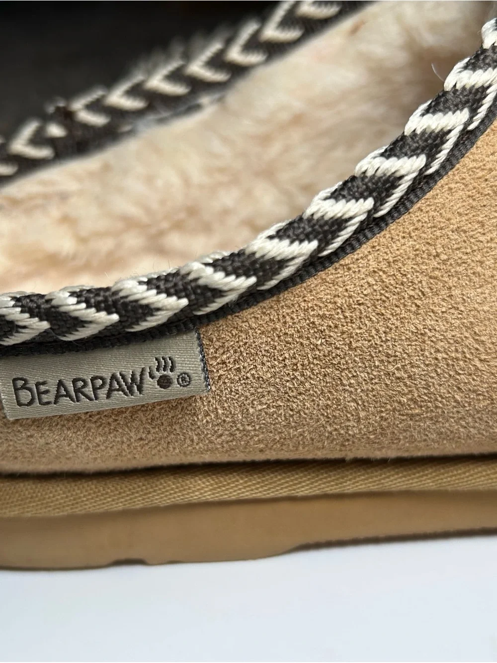 BearPaw Tan Suede Faux-Shearling Slip-On Slippers with Black & White Trim